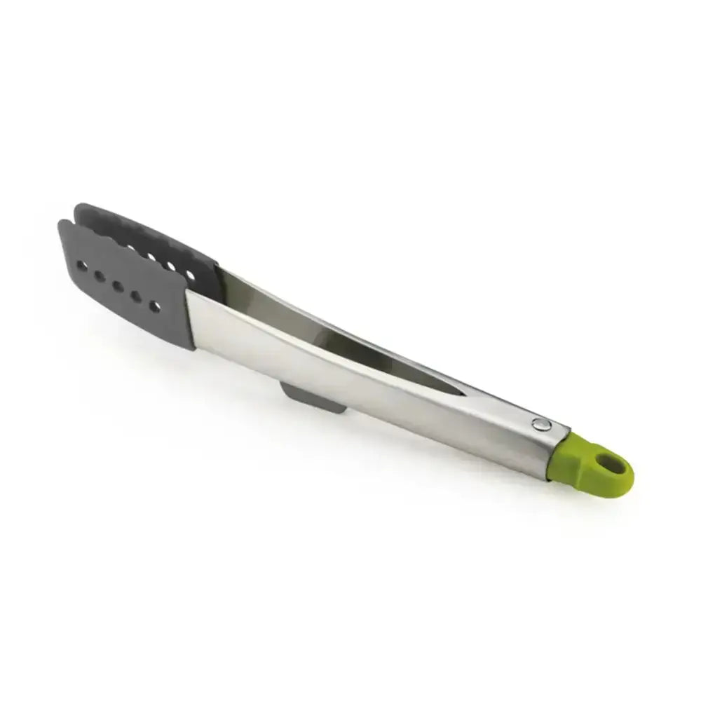 Stainless steel tongs with a green handle on a white background