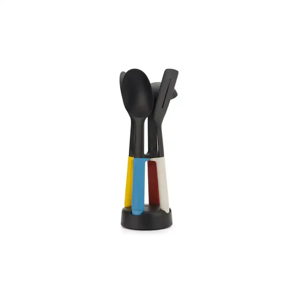 Colorful kitchen utensil set on a white background