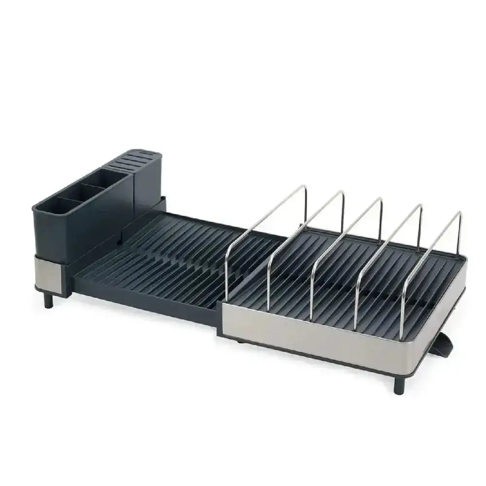 Dish drying rack with shelves and utensil holder on a white background
