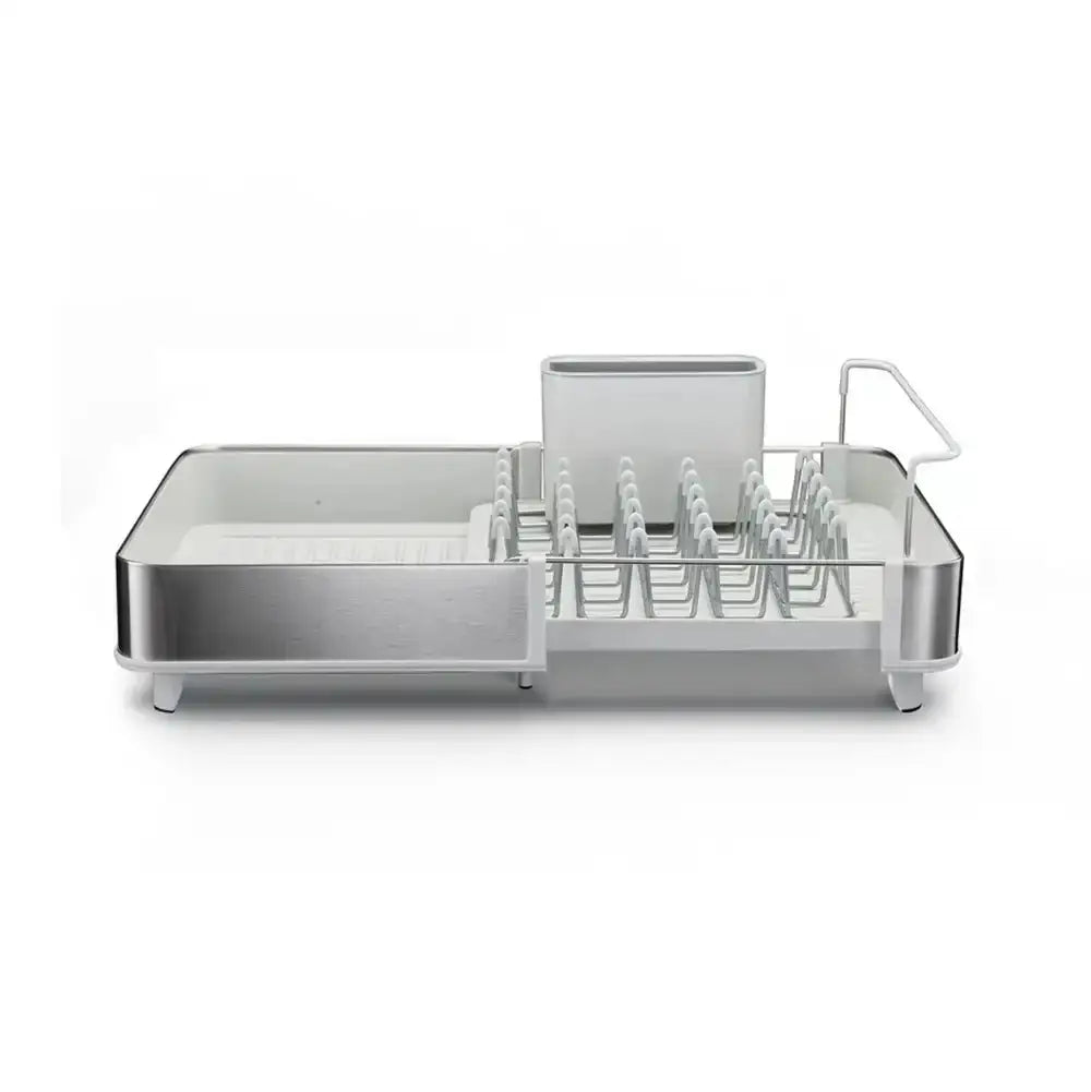 Stainless steel dish rack with cutlery and bowls on a white background