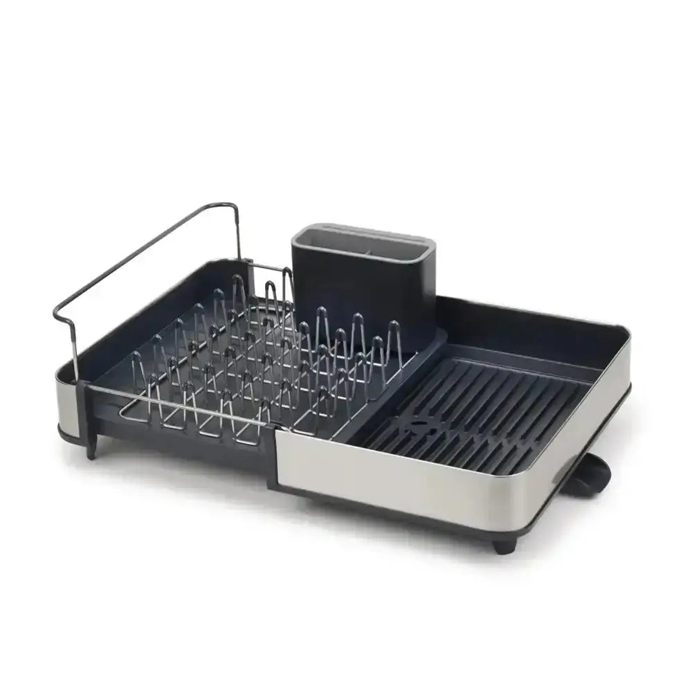 Dish drying rack with compartments on a white background