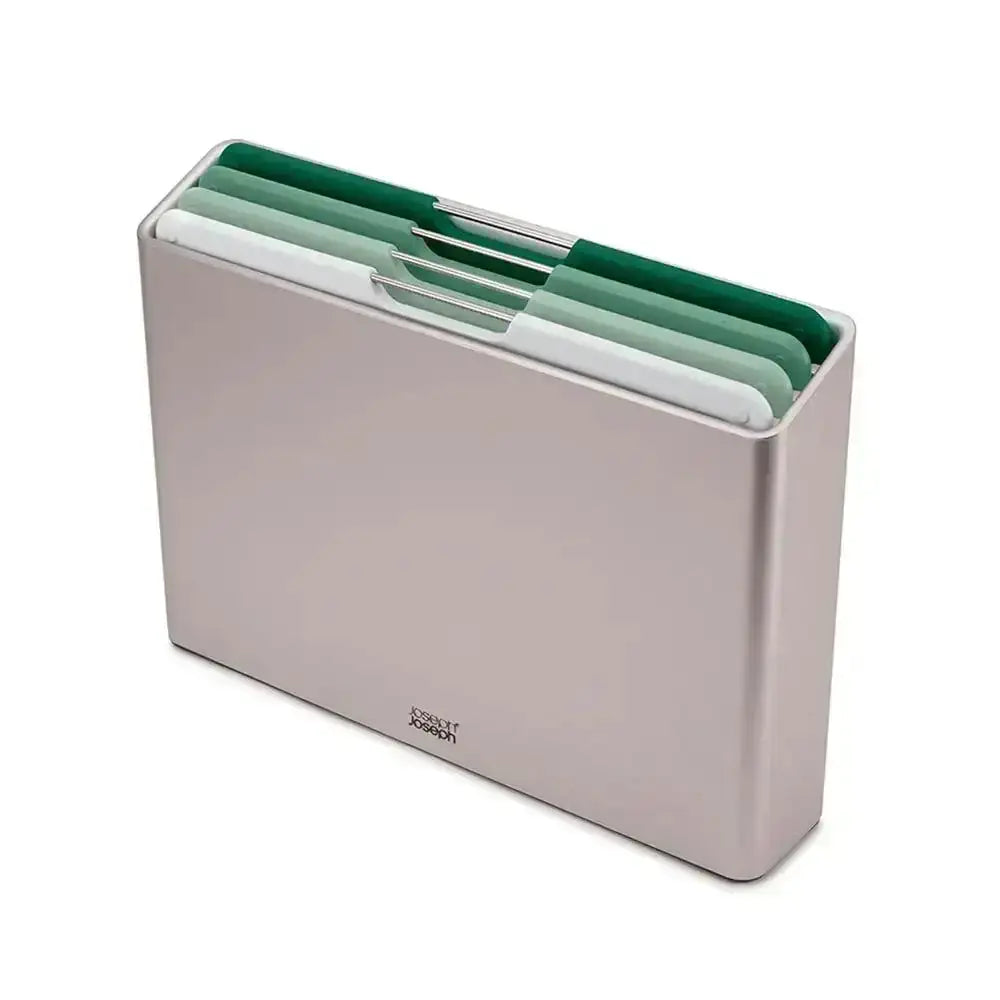 Metal box with color-coded chopping boards on a white background