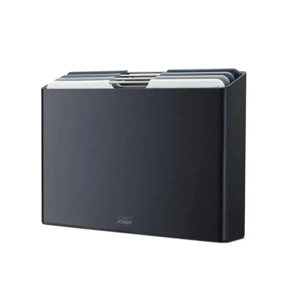 Black container with labeled compartments on a white background