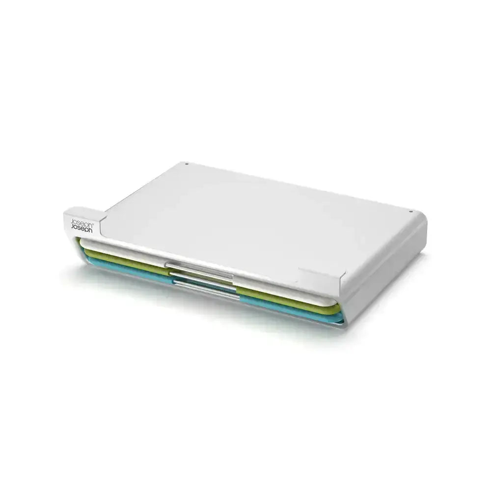 Stackable chopping boards in a storage box on a white background