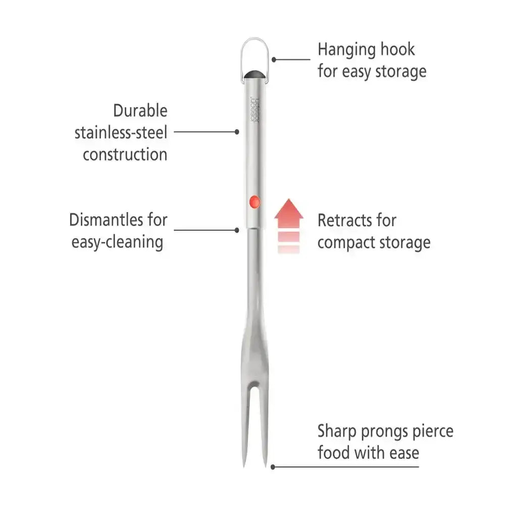 Barbecue fork with features labeled on a white background