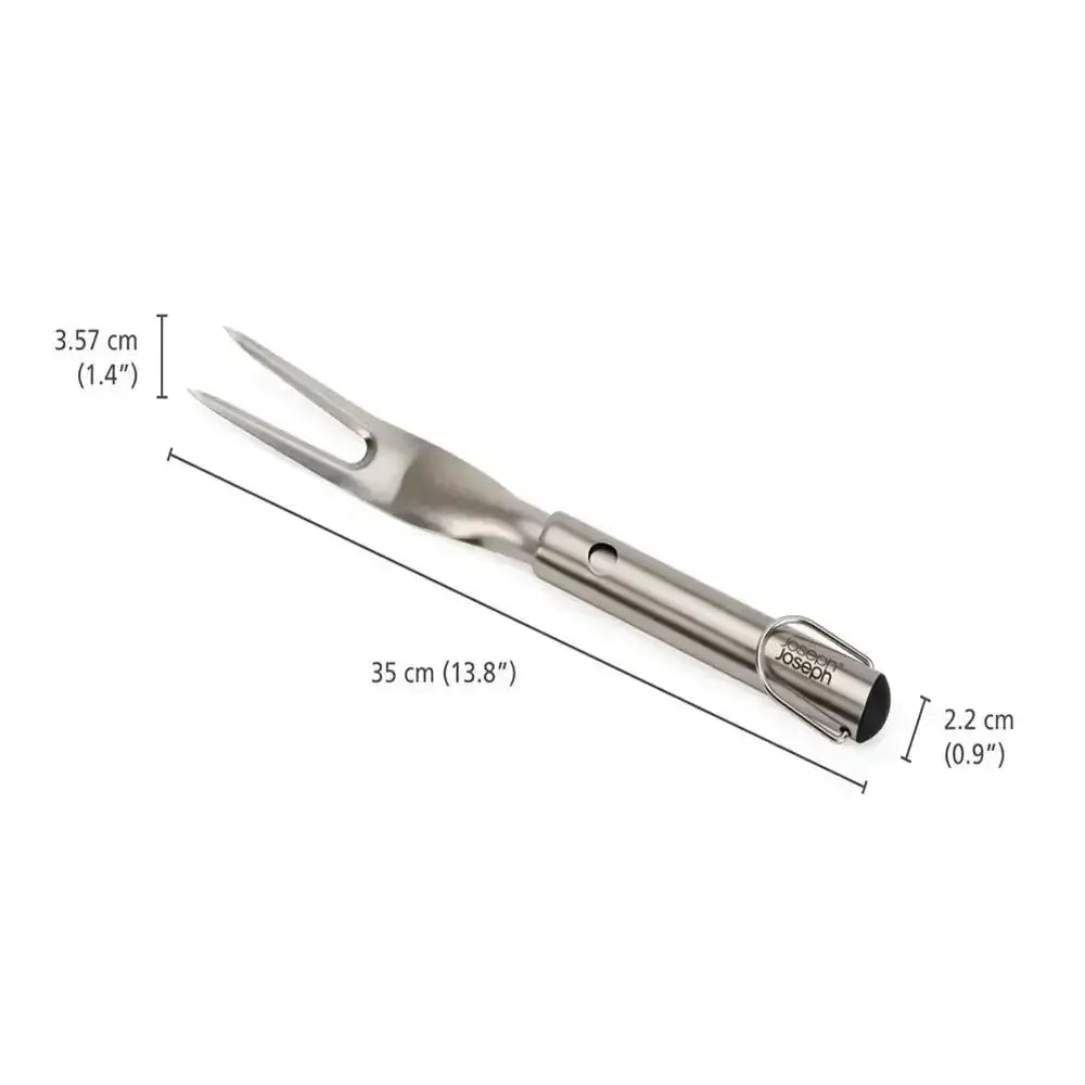 Stainless steel fork with measurements on a white background