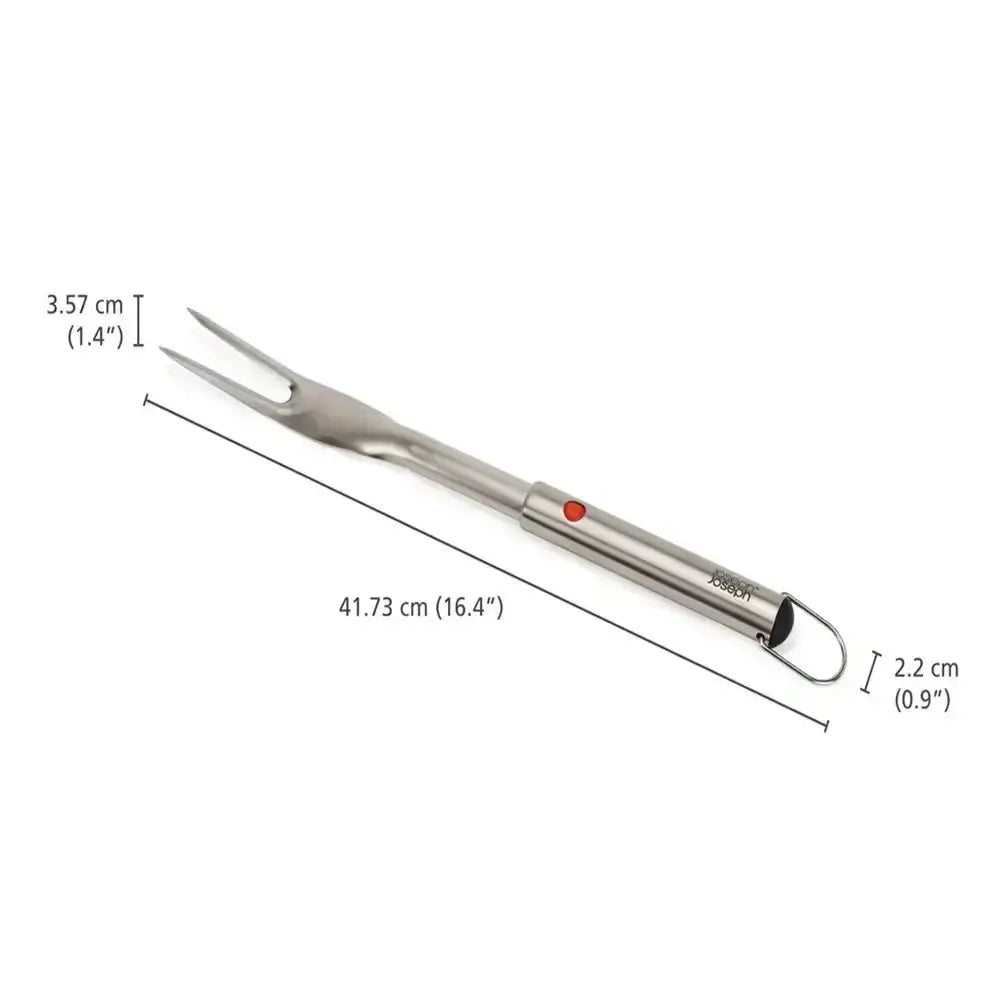Stainless steel grill fork with measurements on a white background
