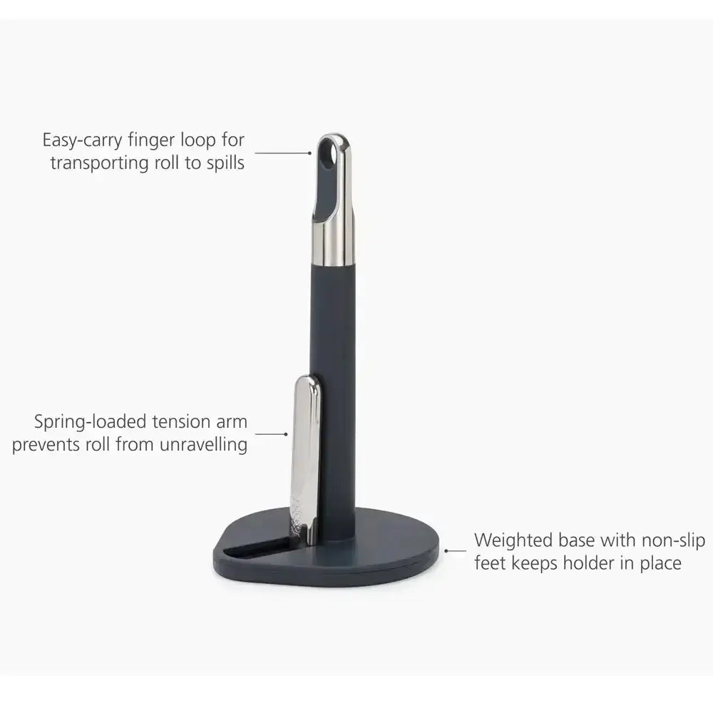 Black paper towel holder with features labeled on a white background