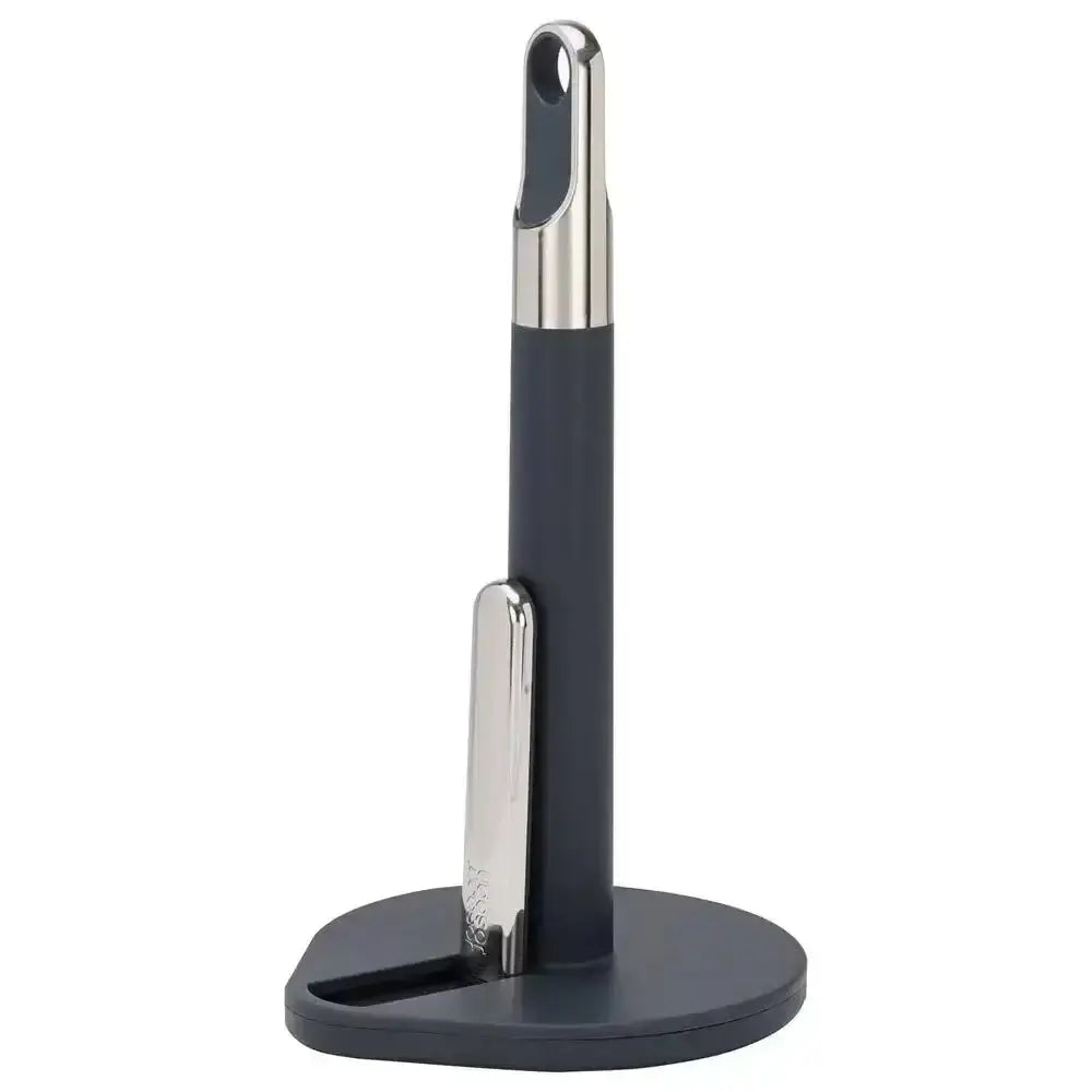 Black paper towel holder with silver accents on a white background