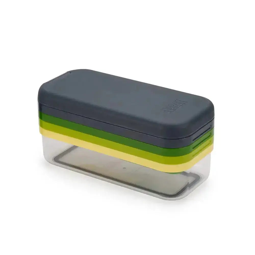 Rectangular food container with a dark lid and colorful sides on a white background