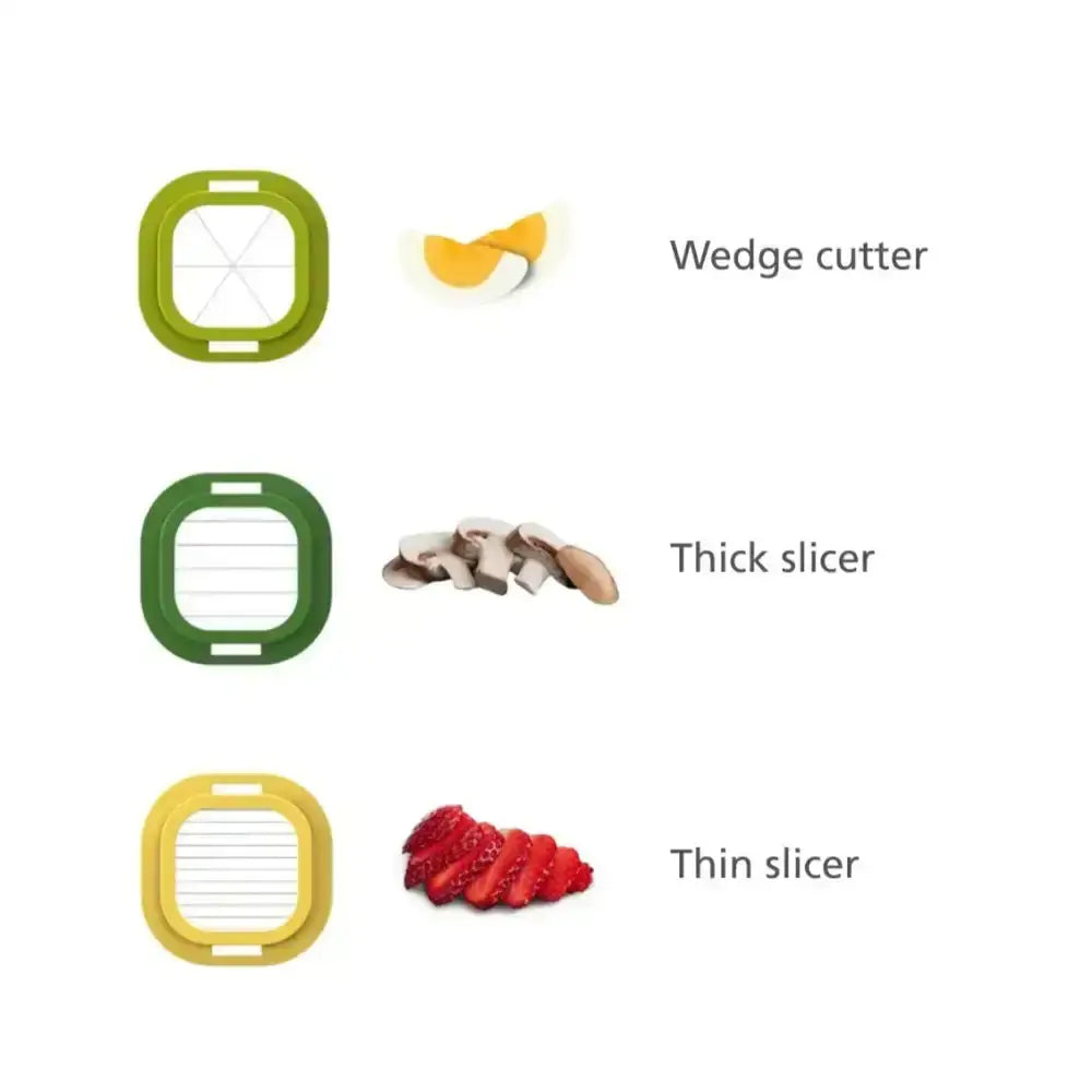 Three different slicer attachments with icons and text labels on a white background