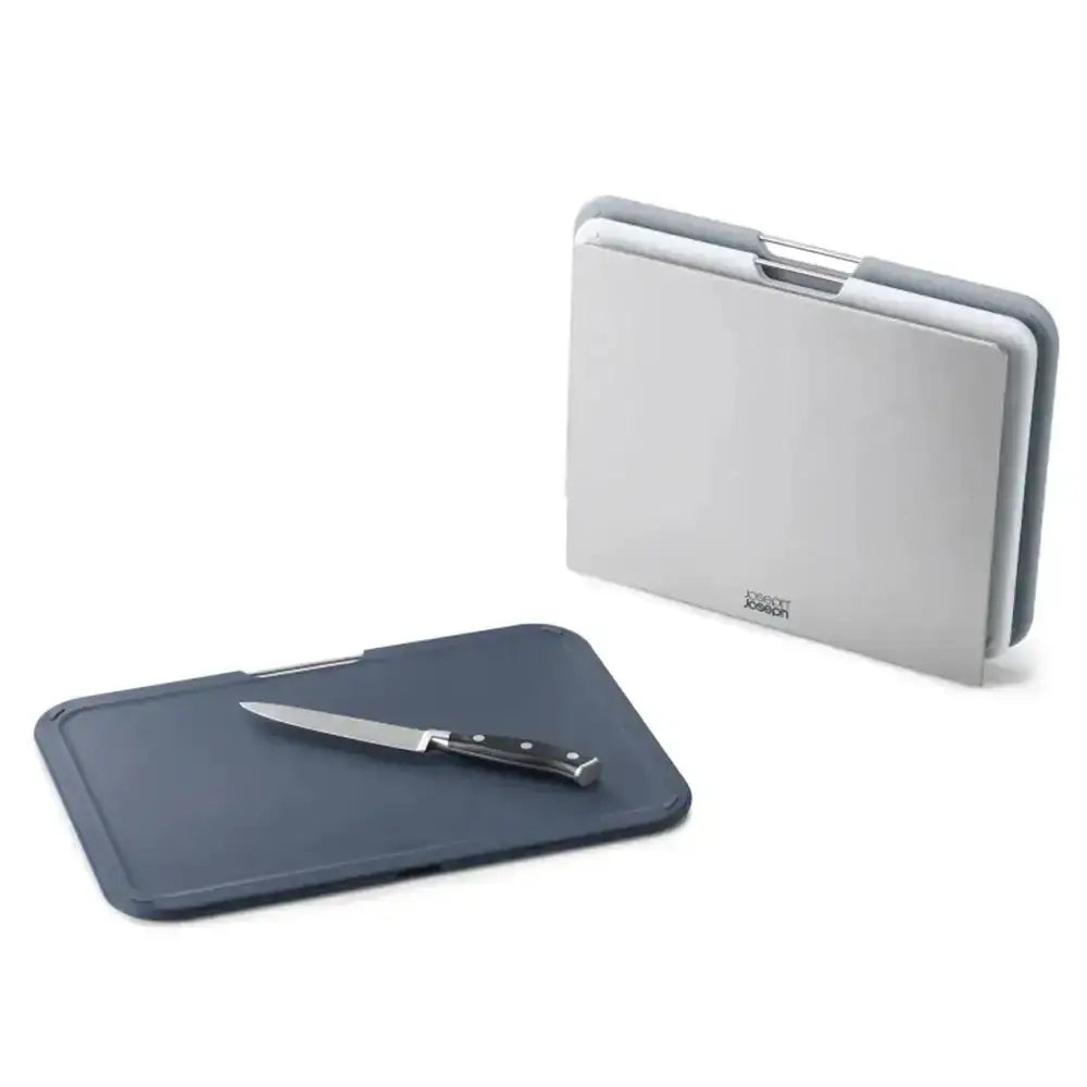 Blue cutting board with knife on a white background