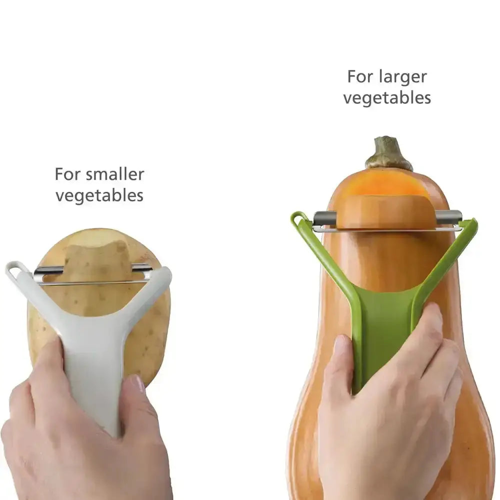 Vegetable peeler being used on a pumpkin with text indicating use for larger vegetables.