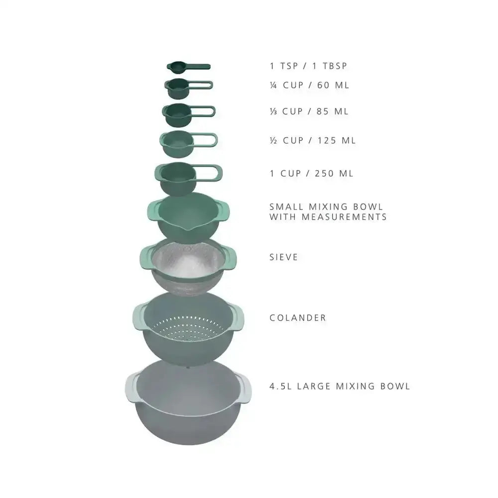 Set of green mixing bowls with measurements on a white background