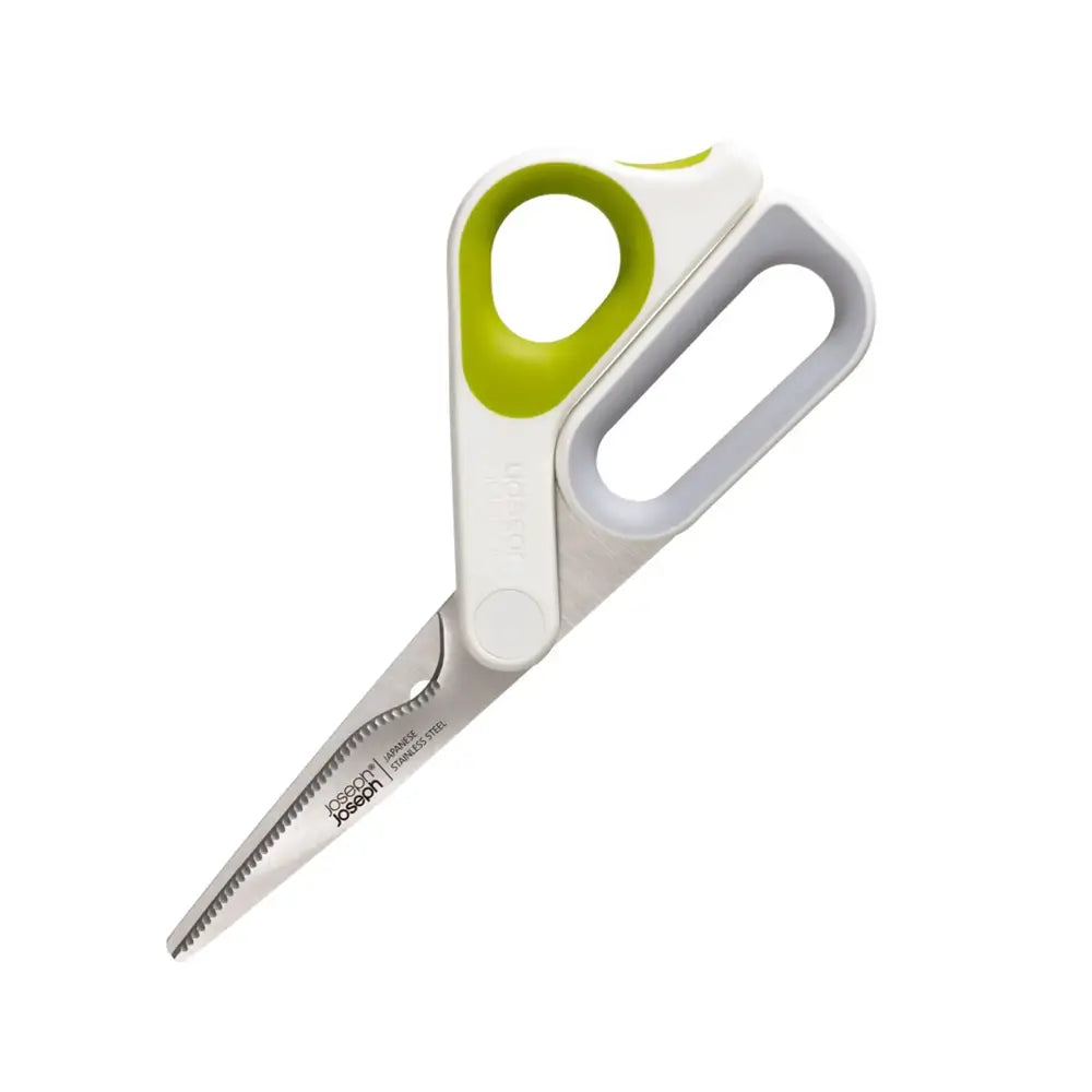 Joseph Joseph scissors with green and gray handles on a white background