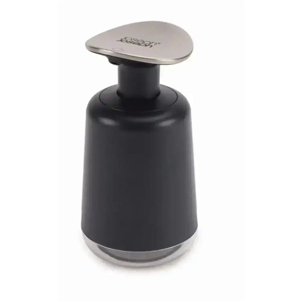 Black soap dispenser with clear base on a white background