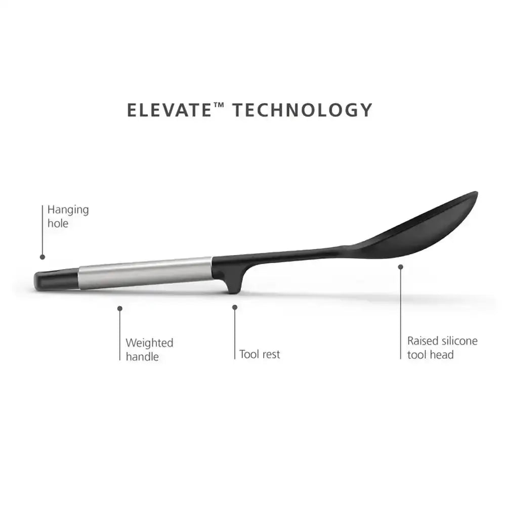 Black kitchen utensil with labeled features on a white background