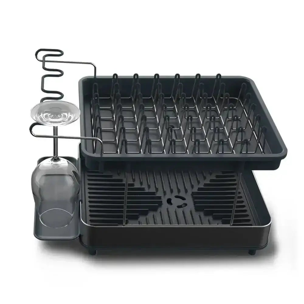 Black dish rack with glass holder on a white background