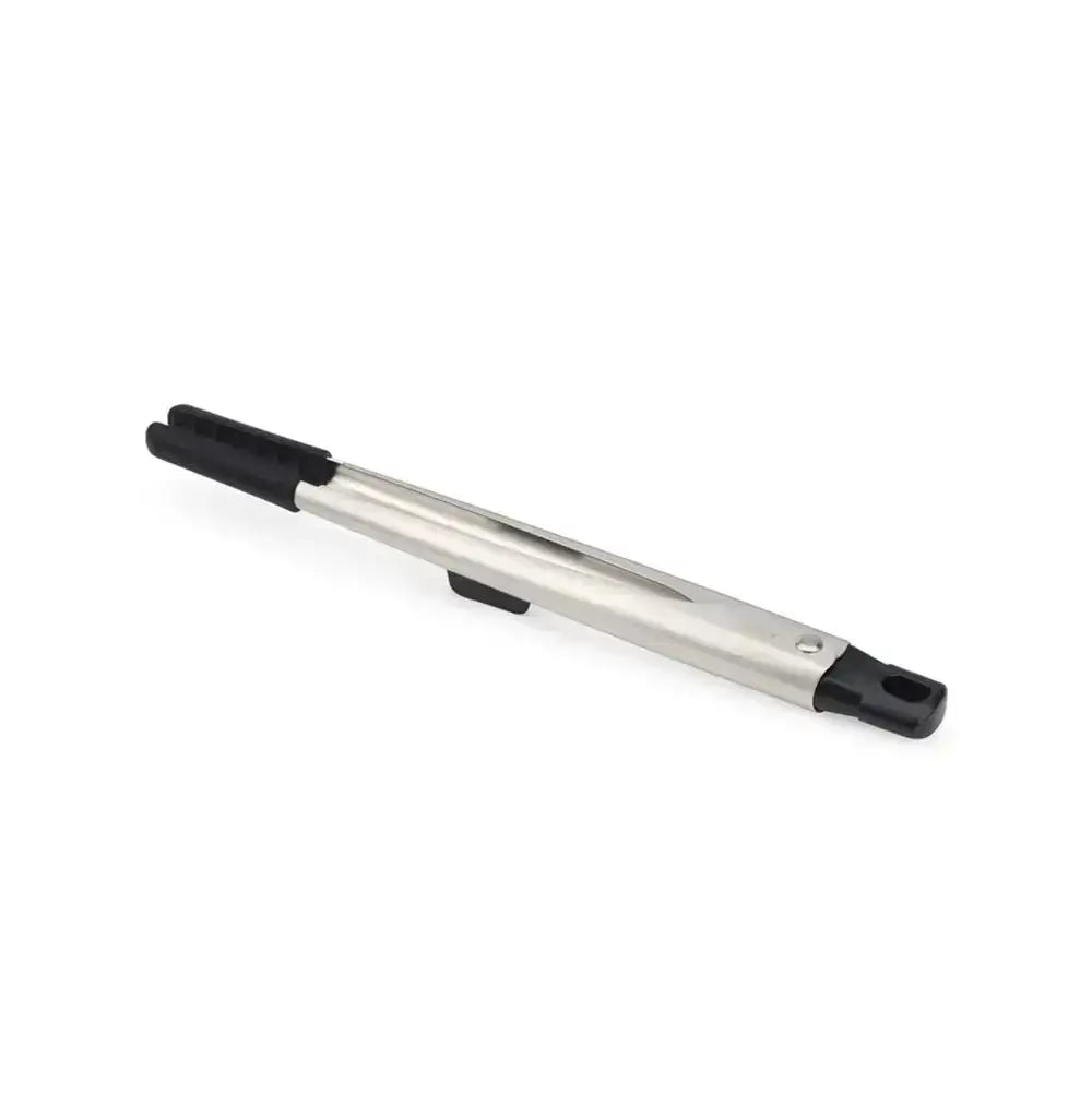 Metallic tool with black ends on a white background