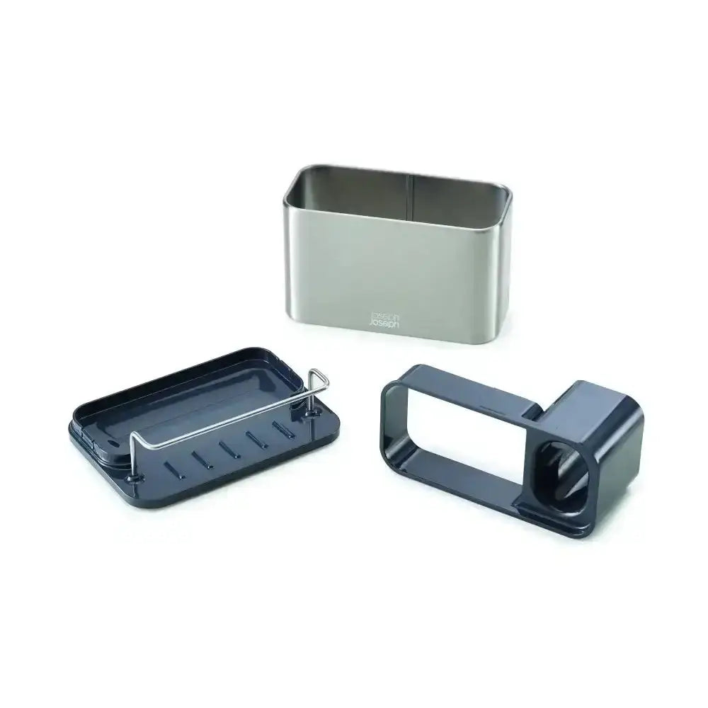 Set of three kitchen tools including a rectangular metal container, a dark blue tray with a handle, and a cylindrical metal tool on a white background.