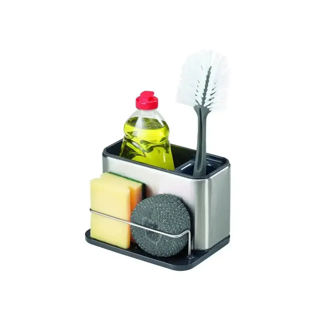 Kitchen utensil holder with sponge, brush, and bottle on a white background