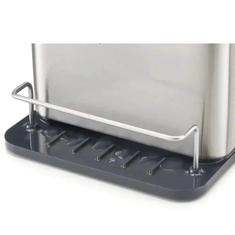Stainless steel sink tidy with a gray draining tray on a white background