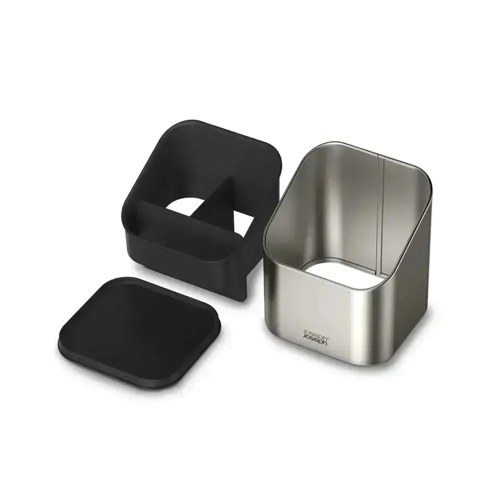 Stainless steel and black rubber kitchen tool on a white background