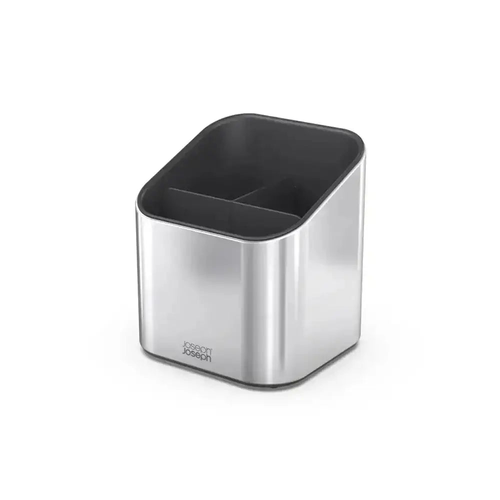 Silver and black utensil organizer on a white background