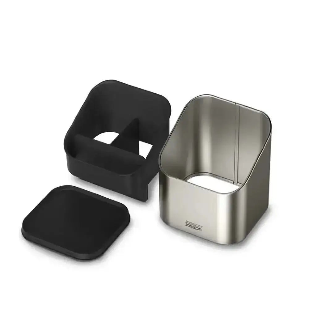 Stainless steel and black rubber components on a white background