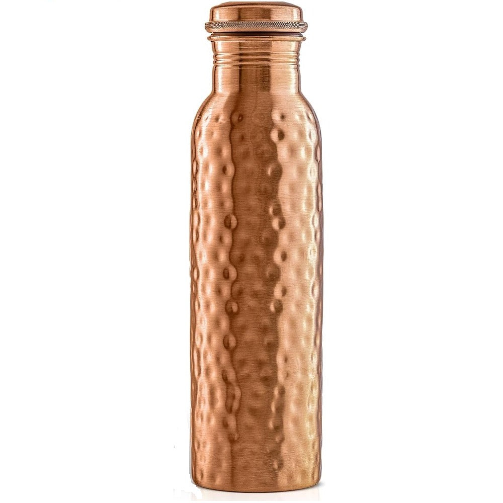 A copper water bottle with a hammered texture and a matching screw-on cap, shown against a plain white background.
