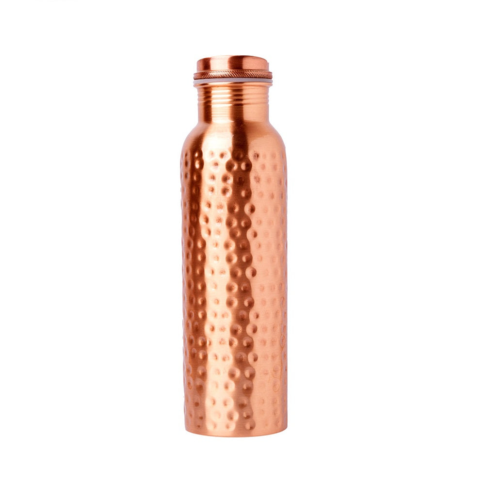 Copper water bottle with a textured surface on a white background