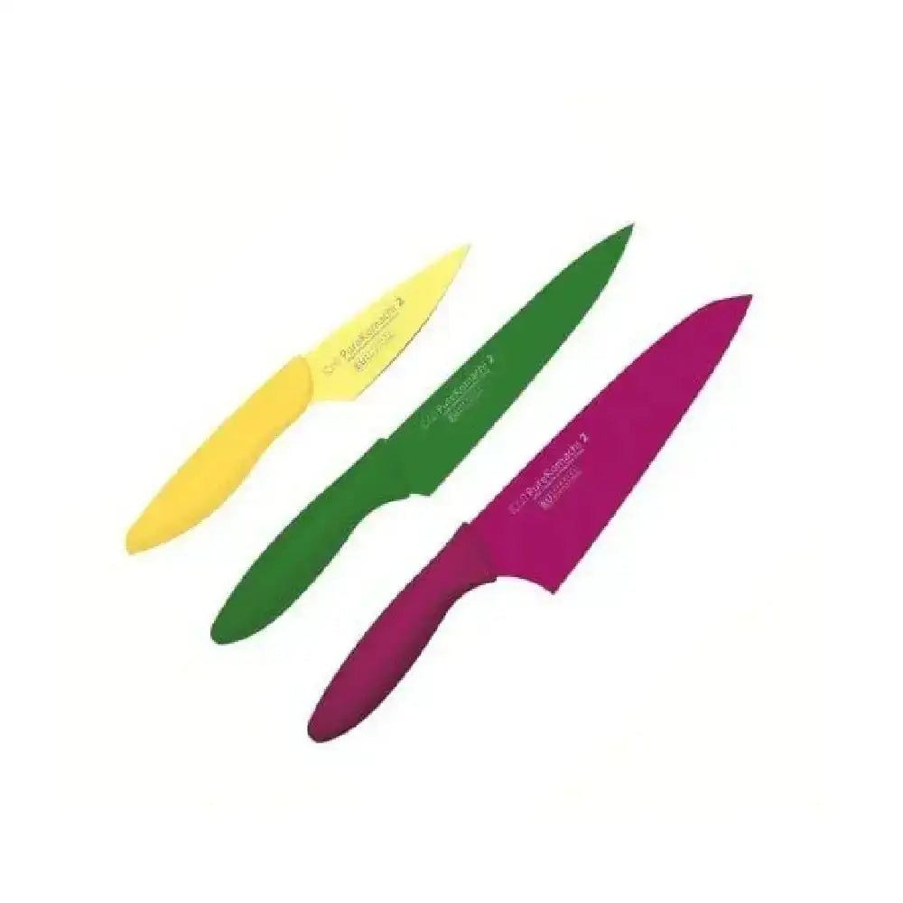 Three colorful knives with yellow, green, and pink handles on a white background