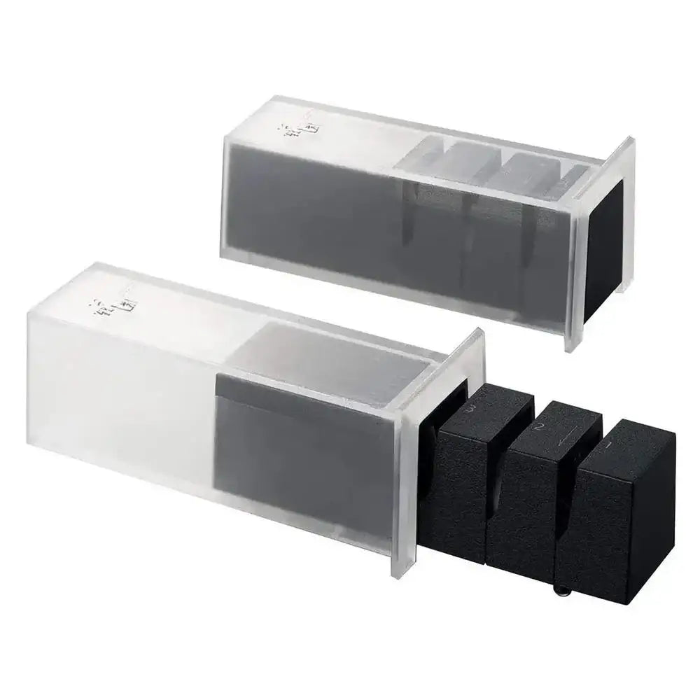 Two black knife sharpeners with clear plastic covers on a white background