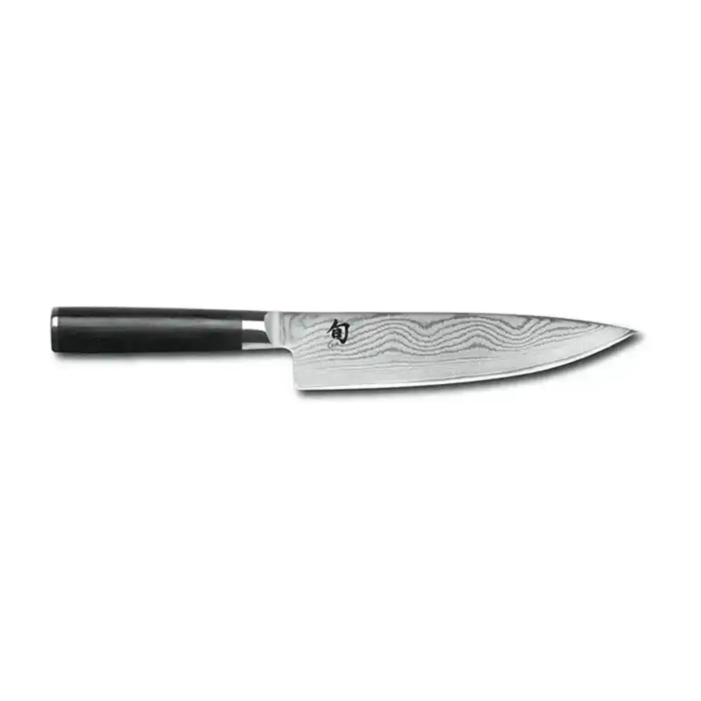 Kai Shun Classic chef’s knife 20cm with black handle and wavy damascus steel blade featuring Japanese character engraving