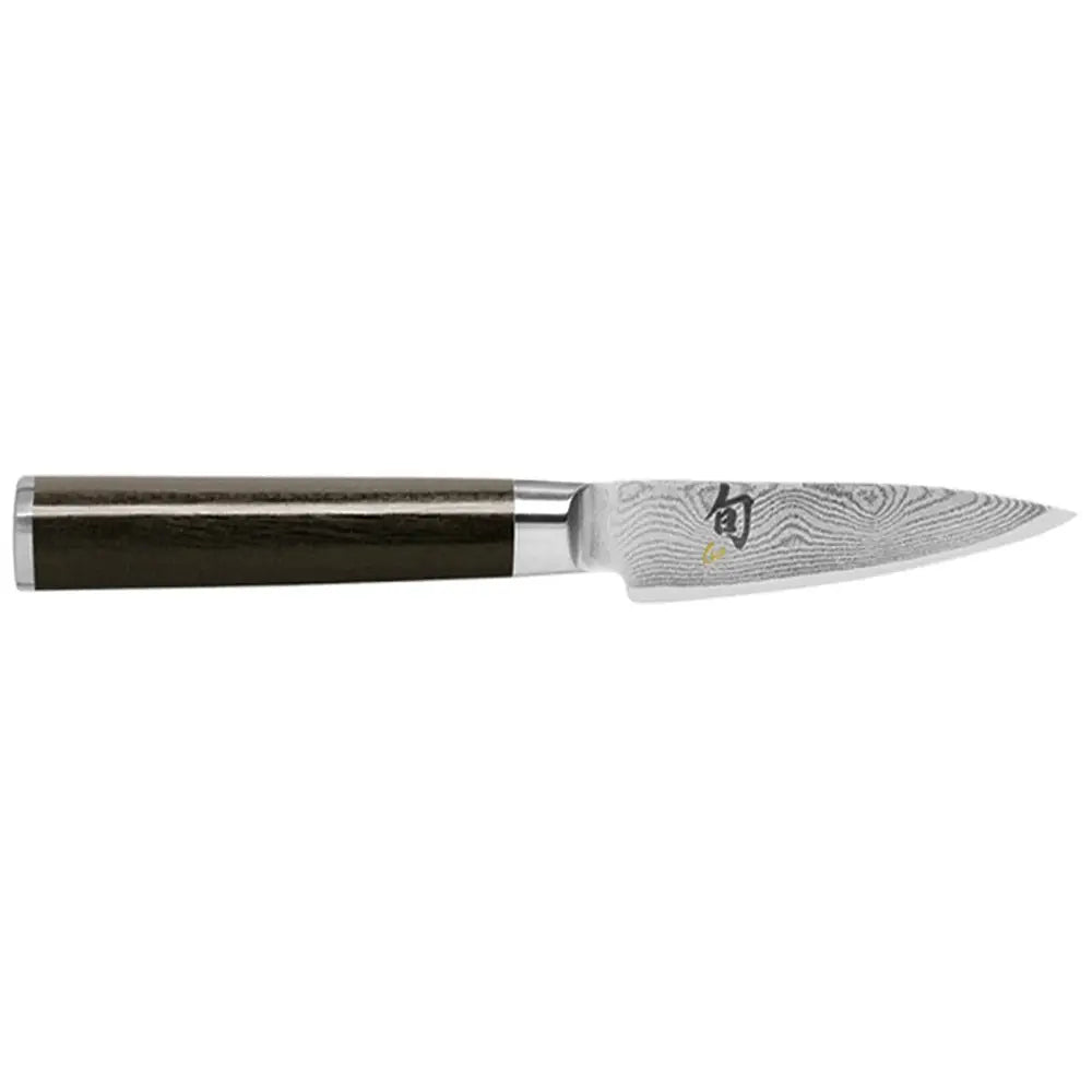 Kai shun classic paring knife 9cm with pakkawood handle and damascus steel blade featuring japanese engraving
