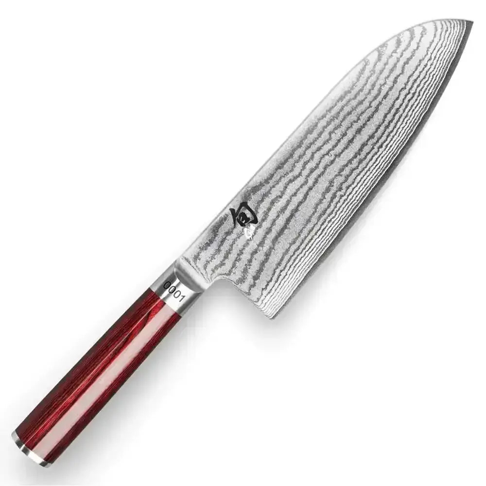 Kitchen knife with a red handle on a white background
