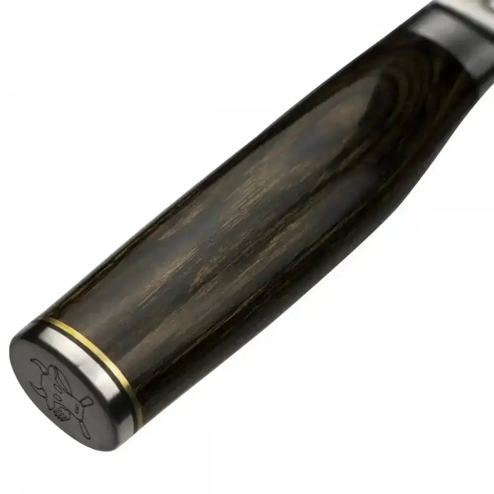Close-up of a wooden handle with metal accents on a white background