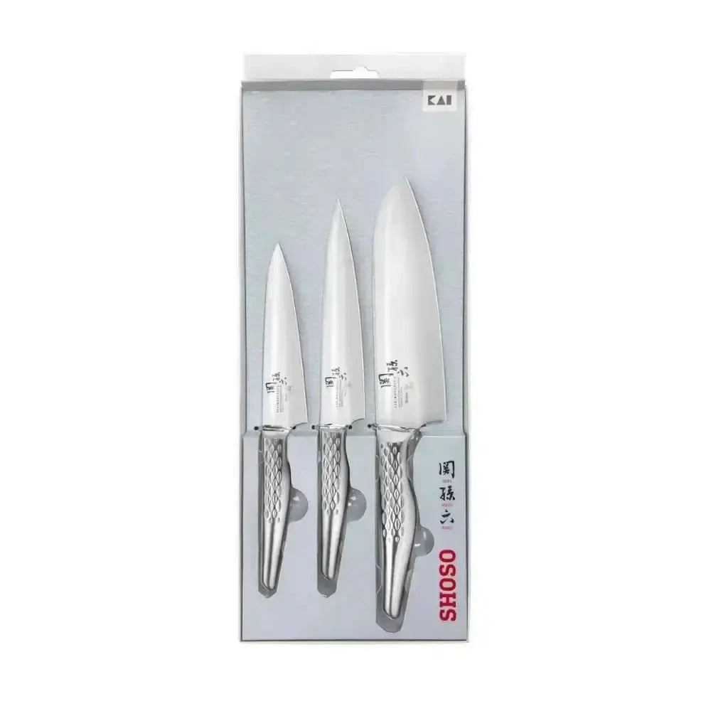 Set of three knives in packaging with SHOSO branding on a white background