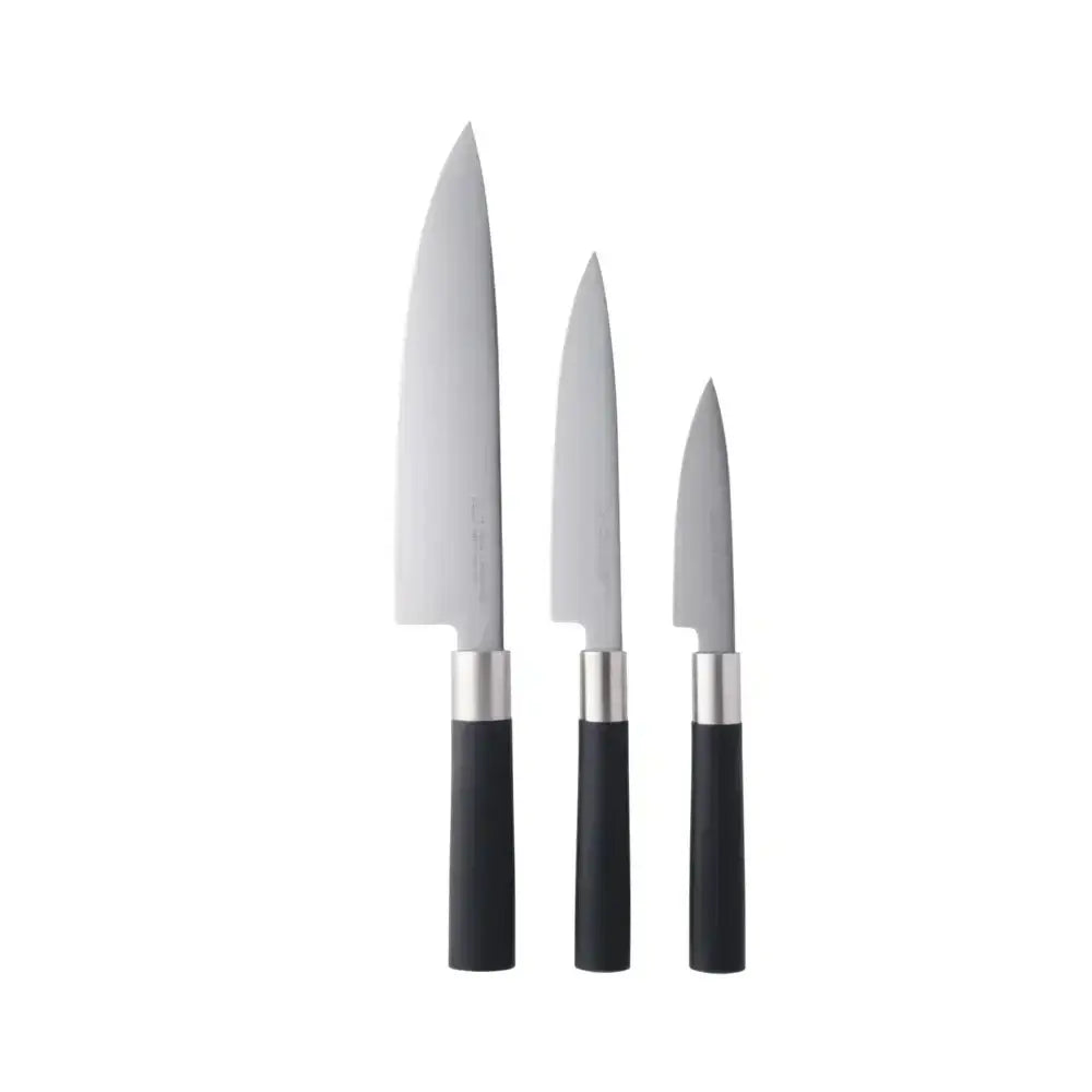 Set of three knives with black handles on a white background