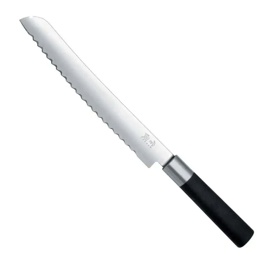 Serrated bread knife with black handle on a white background