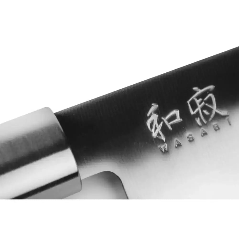Close-up of a knife blade with 'Wasabi' branding on a white background
