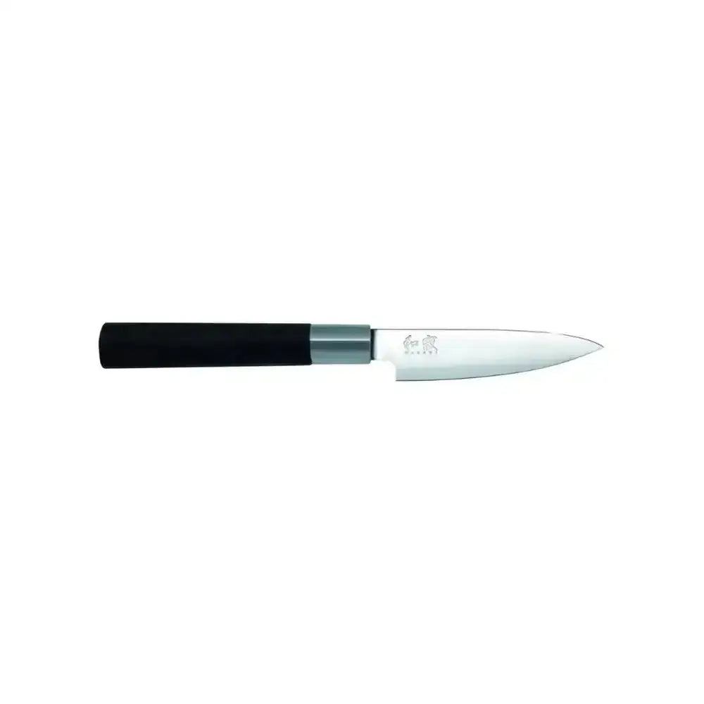 Paring knife with black handle on a white background