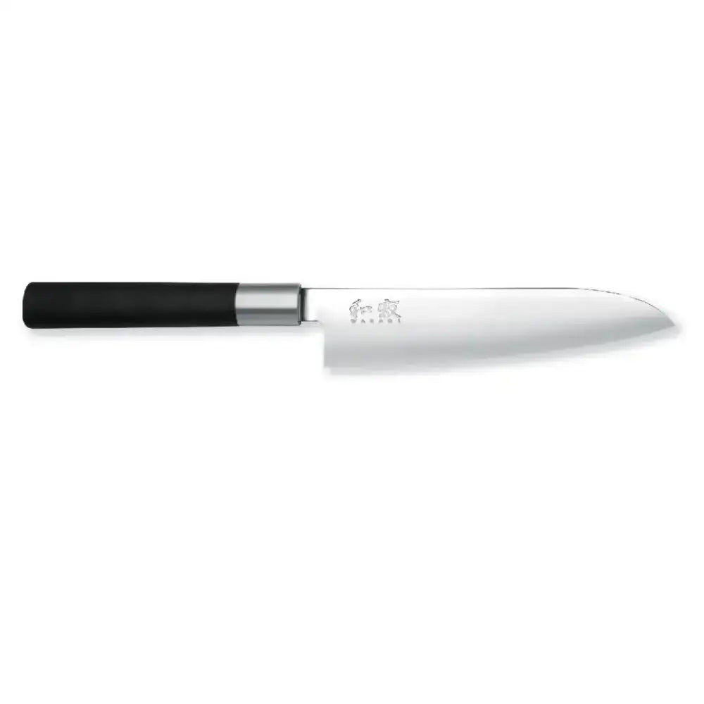 Knife with a black handle and silver blade on a white background