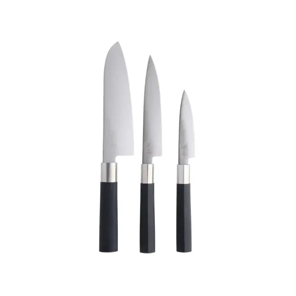 Set of three knives with black handles on a white background