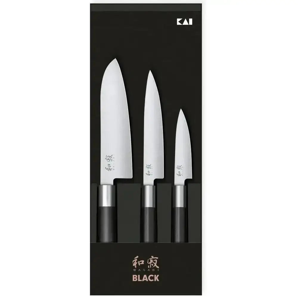 Set of three knives in a black packaging with 'KAI' branding on a white background.