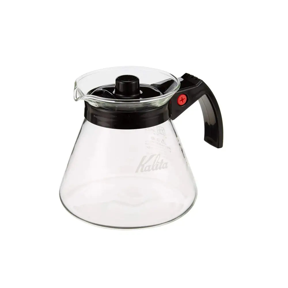 Clear glass kalita 500ml coffee server with black handle and lid featuring a red button made of heat-resistant borosilicate glass