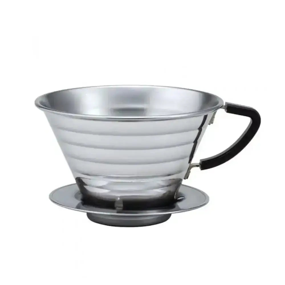 Stainless steel coffee filter with handle on a white background