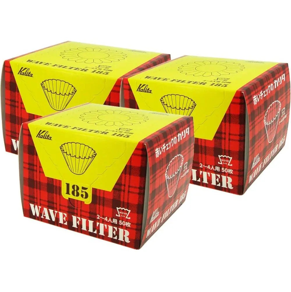Two boxes of Kalita wave filters with red and yellow plaid pattern on a white background.