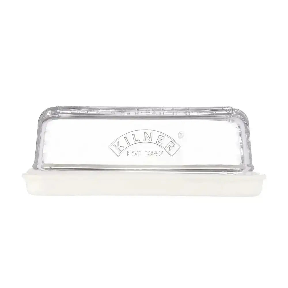 White butter dish with clear lid featuring 'Kilner' branding on a white background