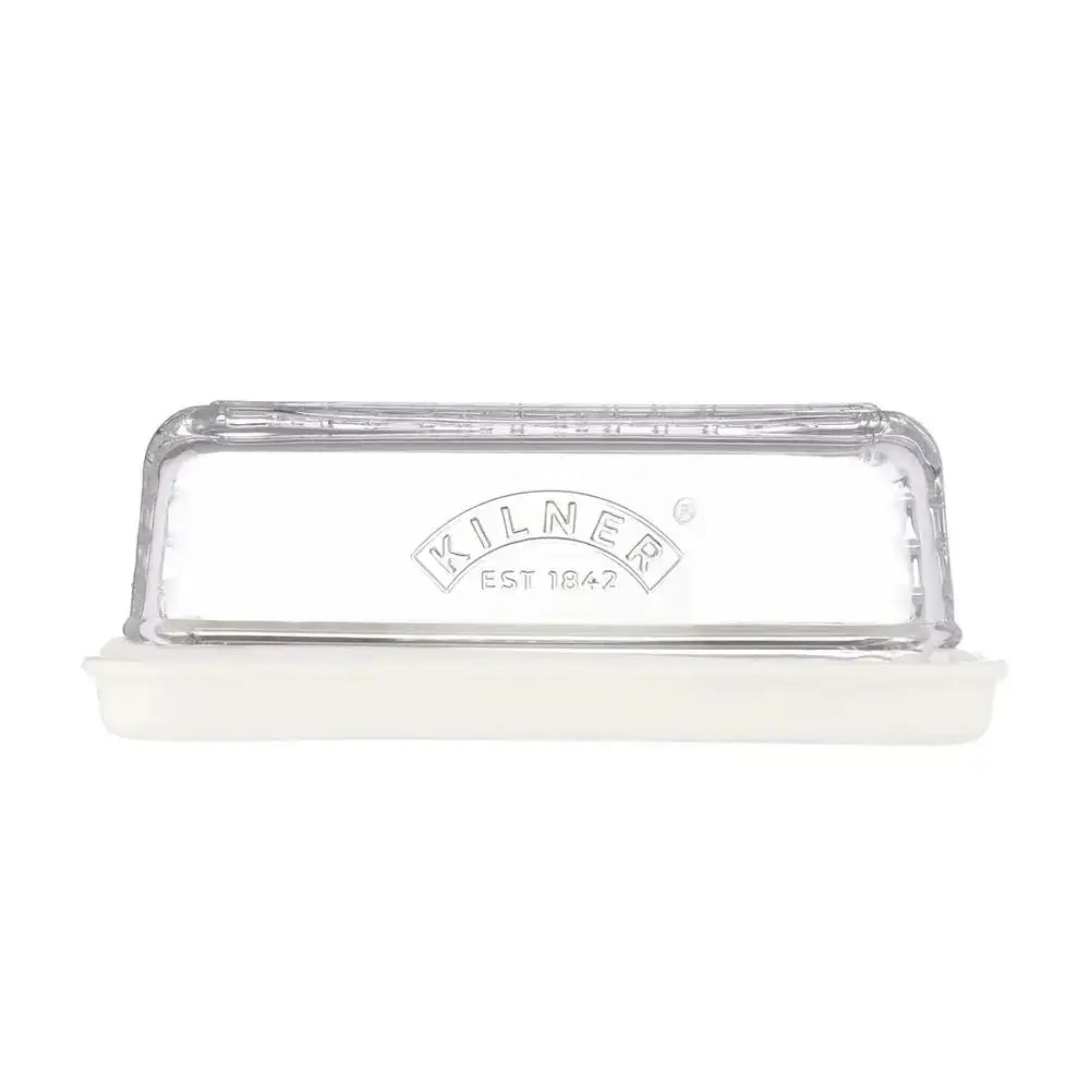 White butter dish with clear lid featuring 'Kilner' branding on a white background